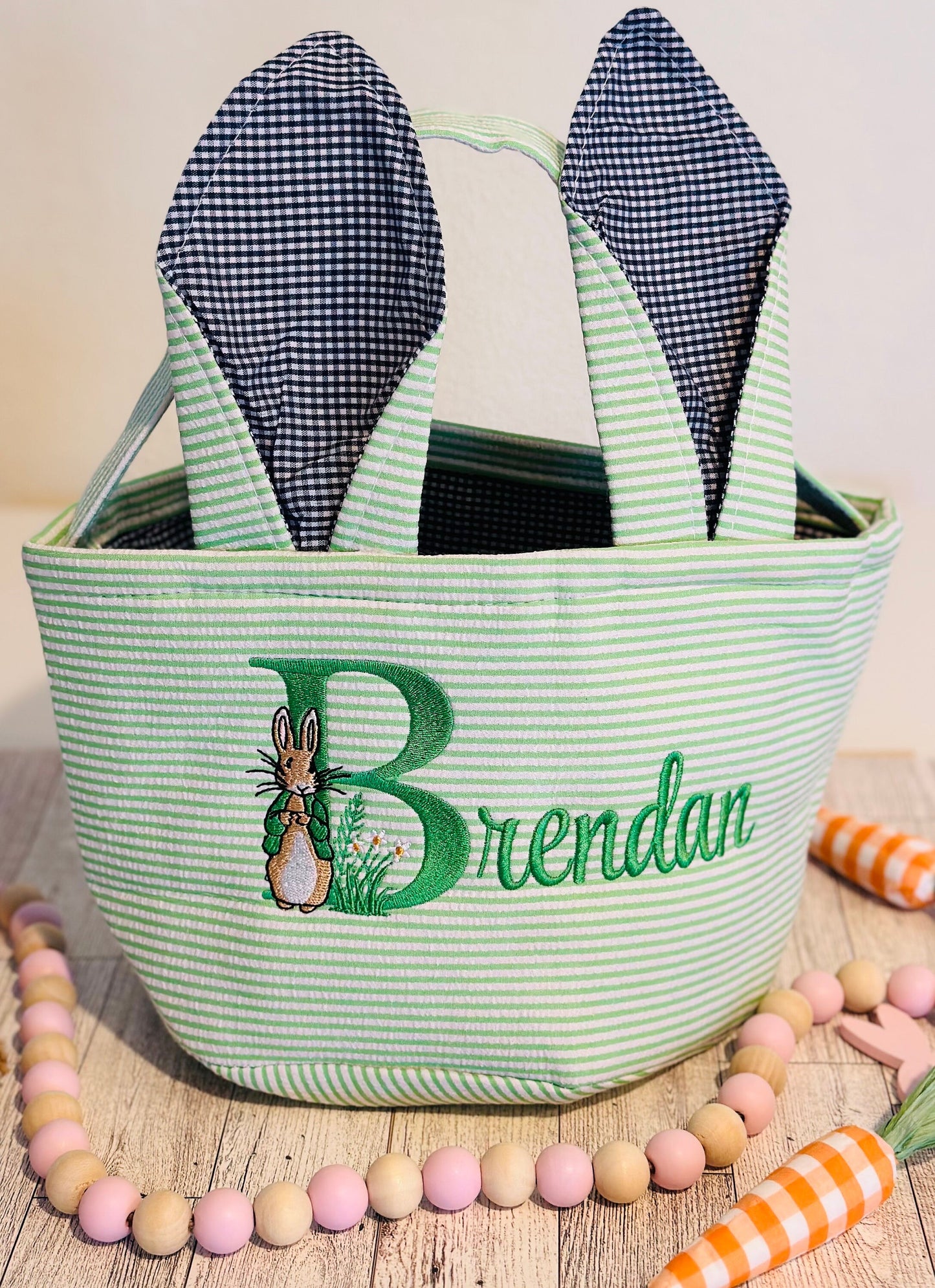 Embroidered Seersucker Plaid Bunny Ears Easter Basket